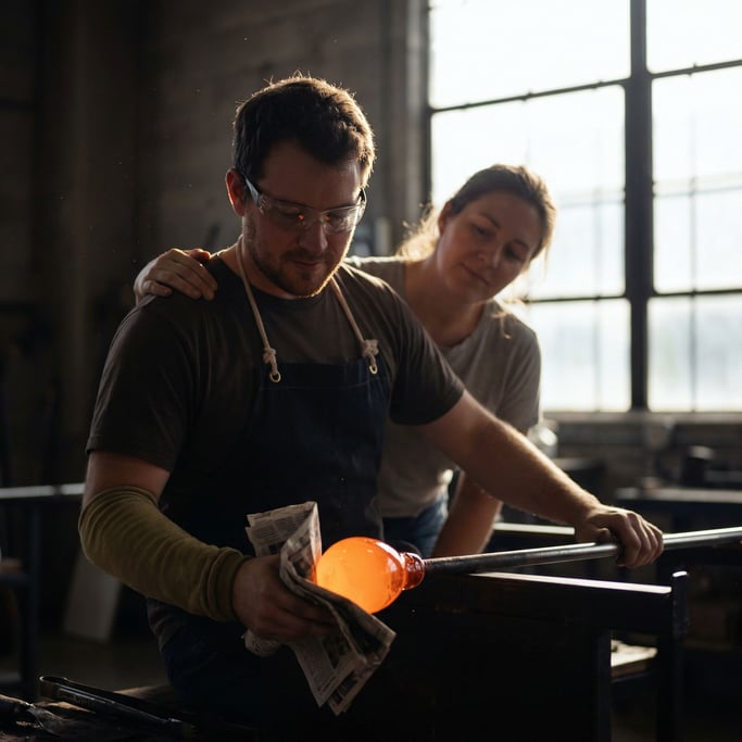 A glassblower shaping molten glass on a punty rod, face lit by the orange glow of the gather (t5b7quhc)