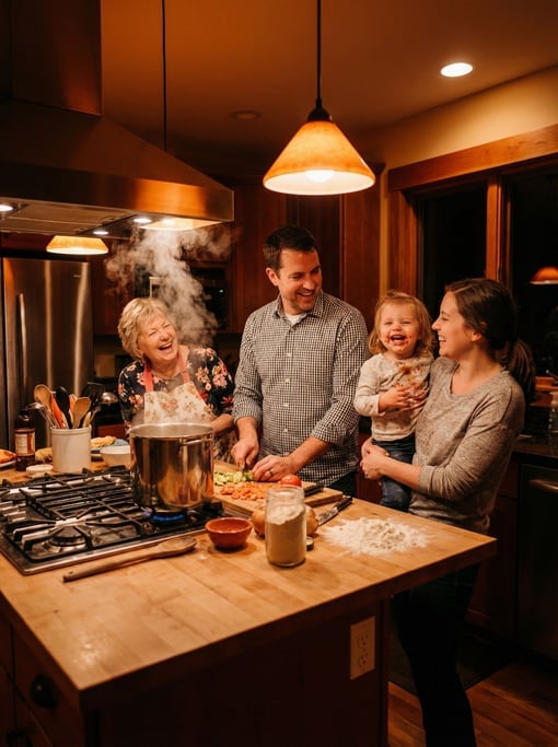 Three generations of a family cooking together in a small kitchen, steam and laughter and chaos (amoqivox)