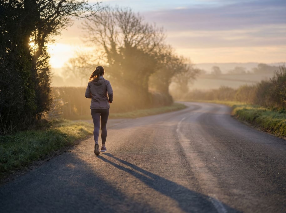 A woman running on an empty road at dawn, shot from behind, long shadows stretching forward (9bq)