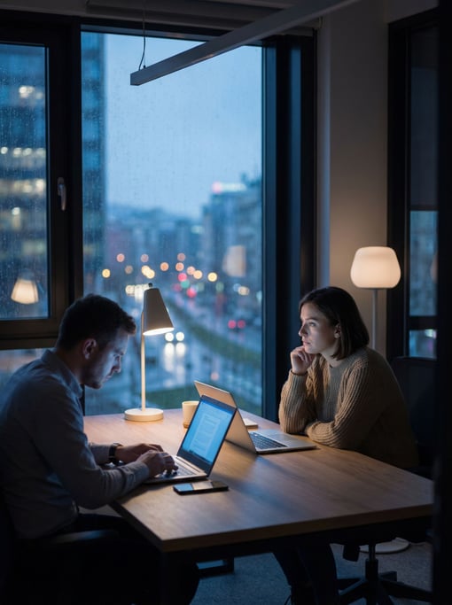 Two people working late, soft screen glow on their faces, city lights through the window behind (edb3ptqa)
