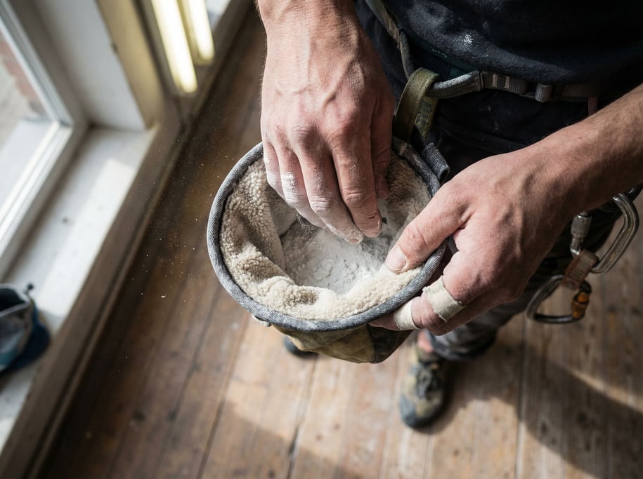 A climber chalking their hands before a route, close-up on the texture of chalk and skin (a8nibuwx)