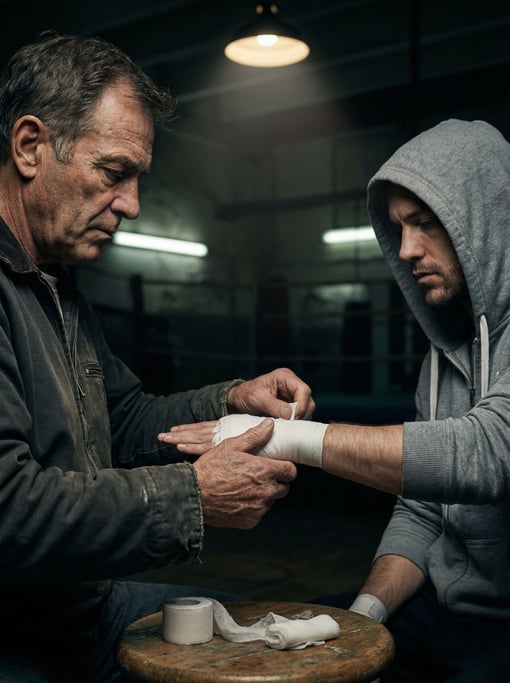 A boxing trainer wrapping a fighter's hands before a bout, both focused, gym fluorescents overhead (evtqai4e)