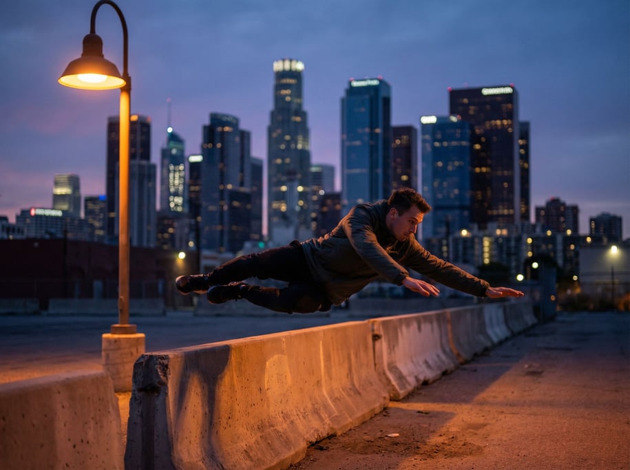 A parkour athlete mid-vault over a concrete barrier, urban skyline, frozen in perfect form (bmcu)