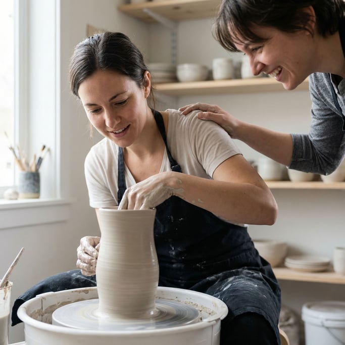 A potter pulling a tall vessel on the wheel, clay spinning, hands wet and precise (uiqcdn0)