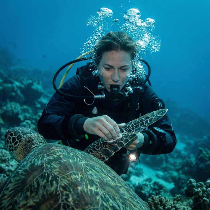 A marine biologist underwater tagging a sea turtle, bubbles rising, aquamarine ambient light (0vjc5x5k)