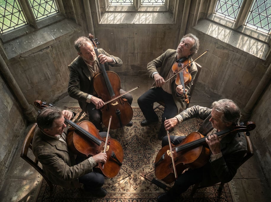 A string quartet mid-performance in a stone chapel, bows moving in unison, available light only (cfrcjj5q)