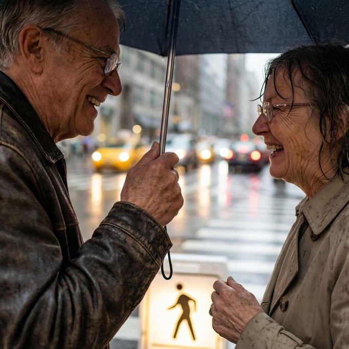 Two strangers sharing an umbrella in sudden rain, laughing, city crosswalk, blurred headlights (wmde7olx)