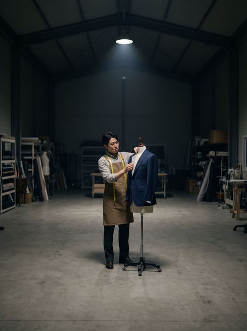 A tailor fitting a suit on a mannequin, pins between lips, measuring tape draped over shoulders (du9hd6z)