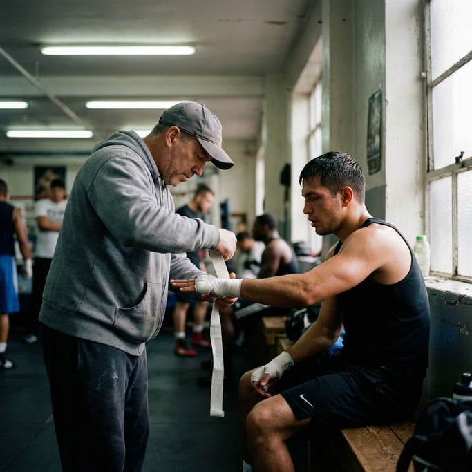 A boxing trainer wrapping a fighter's hands before a bout, both focused, gym fluorescents overhead (r9b41bok)