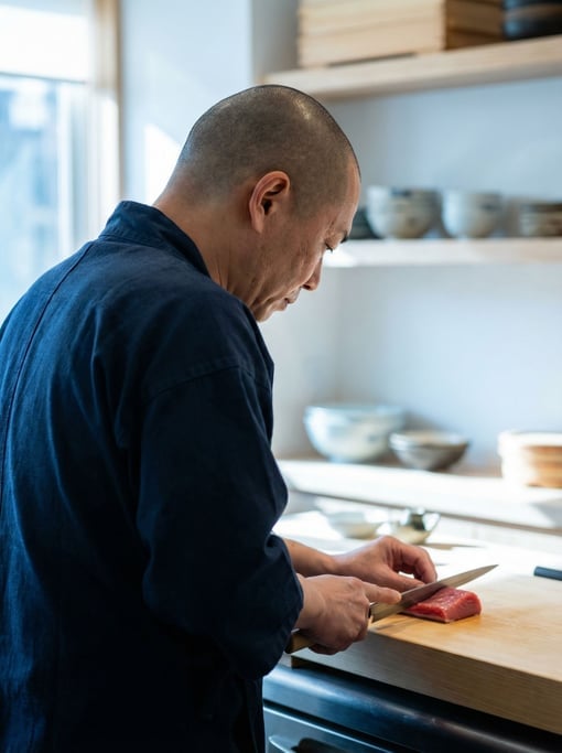A sushi chef slicing fish with a yanagiba knife, precise angle, clean counter, zen focus (h3soapw6)