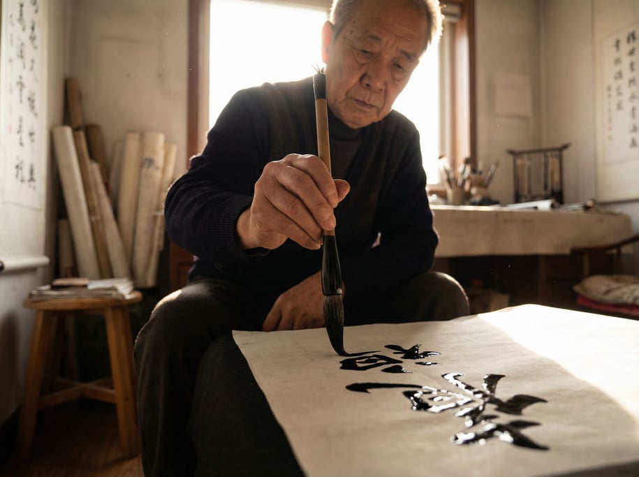 A calligrapher writing with a brush on rice paper, ink still wet, hand steady, deep focus (4t4u5pme)