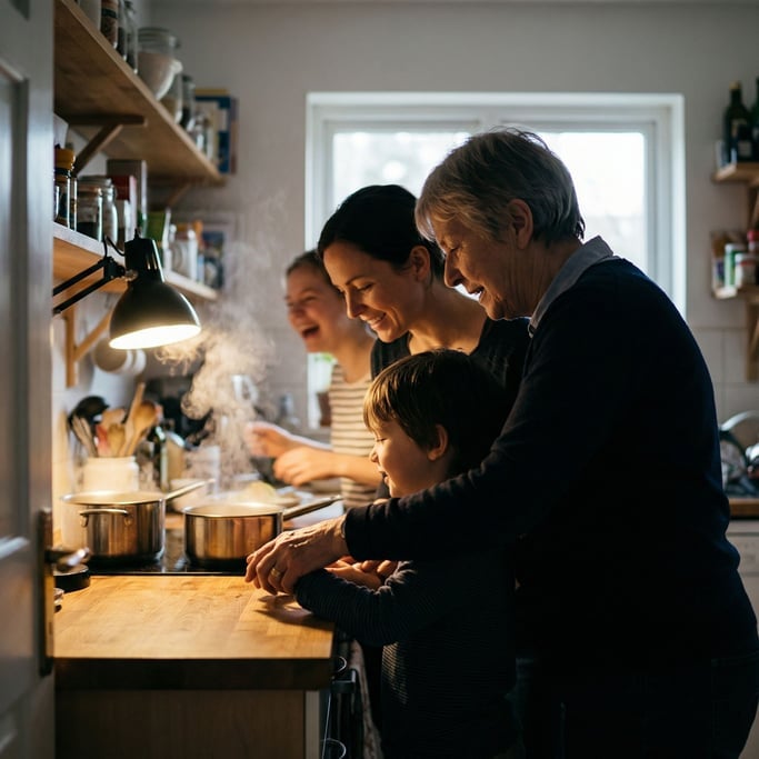Three generations of a family cooking together in a small kitchen, steam and laughter and chaos (m9dypcuo)