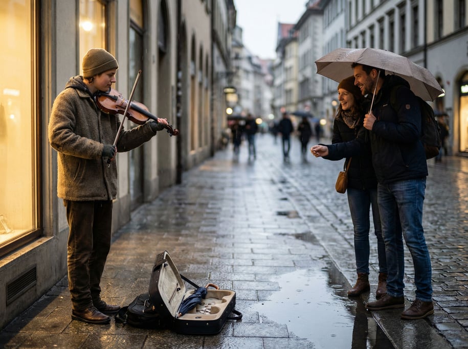 A young musician busking with a violin on a rainy European sidewalk, case open, puddle reflections (a3gebu13)