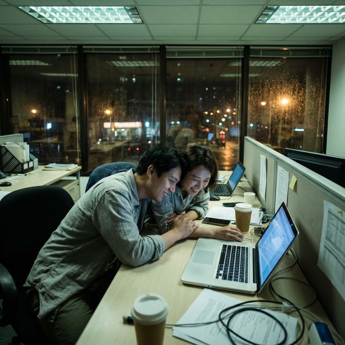 Two people working late, soft screen glow on their faces, city lights through the window behind (qfzrtqf9)
