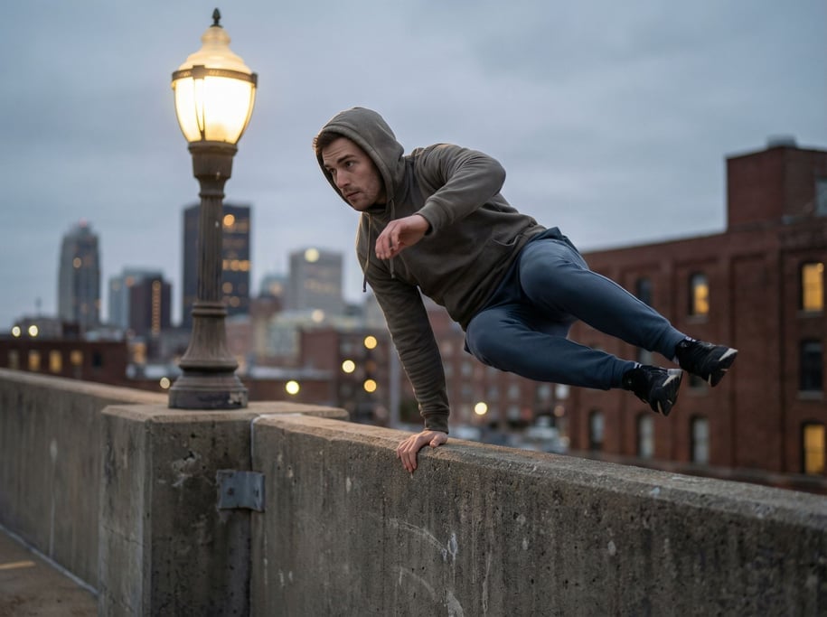 A parkour athlete mid-vault over a concrete barrier, urban skyline, frozen in perfect form (njkgmf2k)