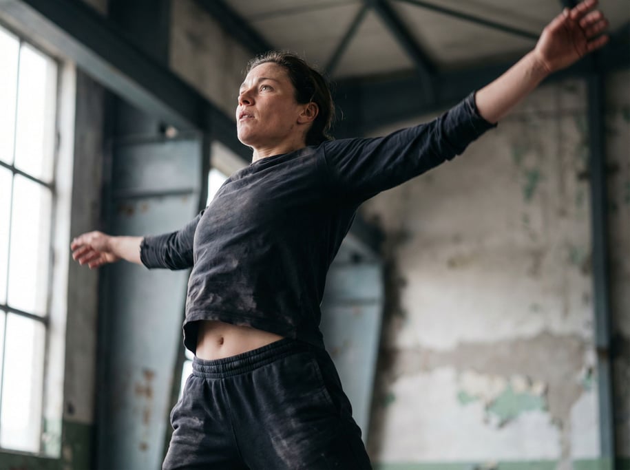 A dancer mid-movement in a raw industrial space, slight motion blur on extremities, core sharp (ipduilzq)