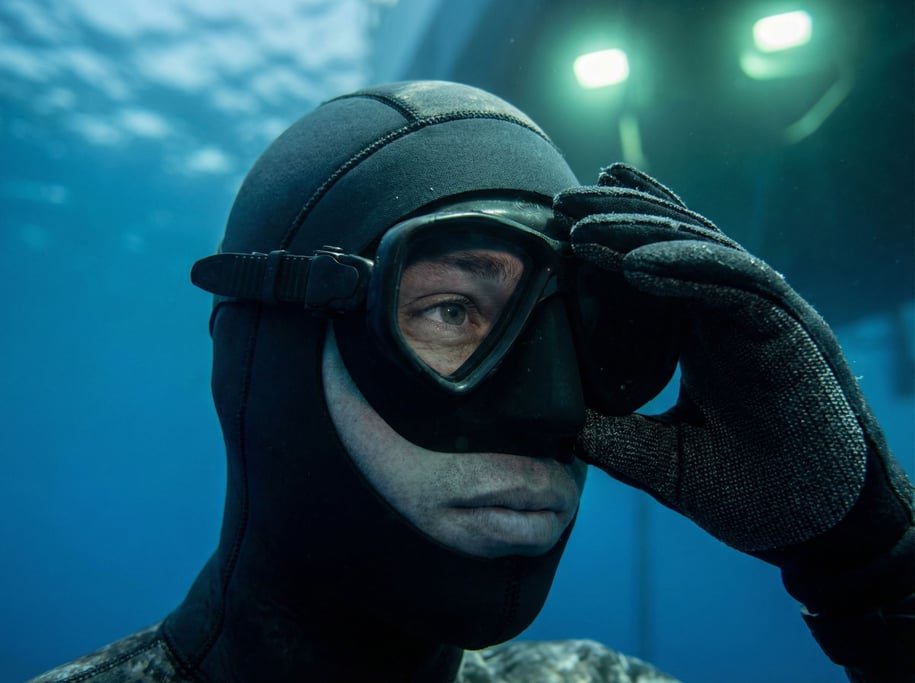 A free diver descending into blue water, body streamlined, light rays from the surface above (y3qj8)