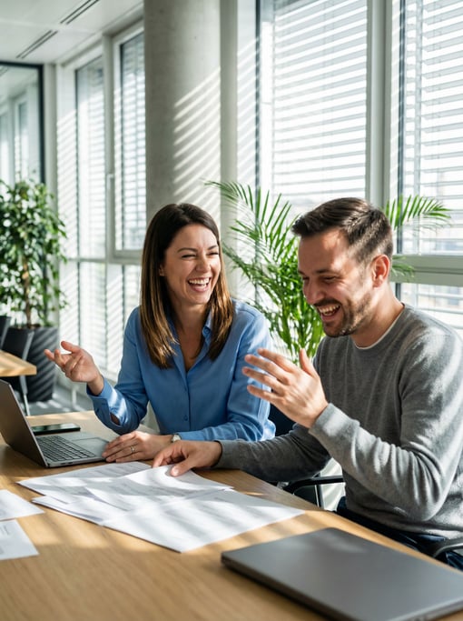 Two colleagues in animated conversation across a table, hands gesturing, papers between them (xt8cw3yv)