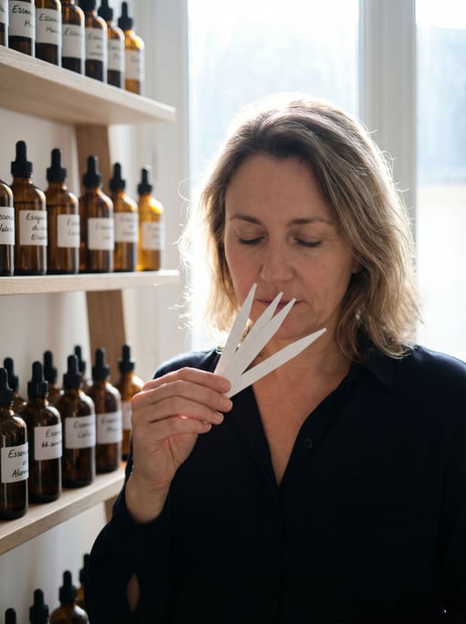 A perfumer smelling blotter strips, eyes closed in concentration, rows of essence bottles behind (qerbbqvo)