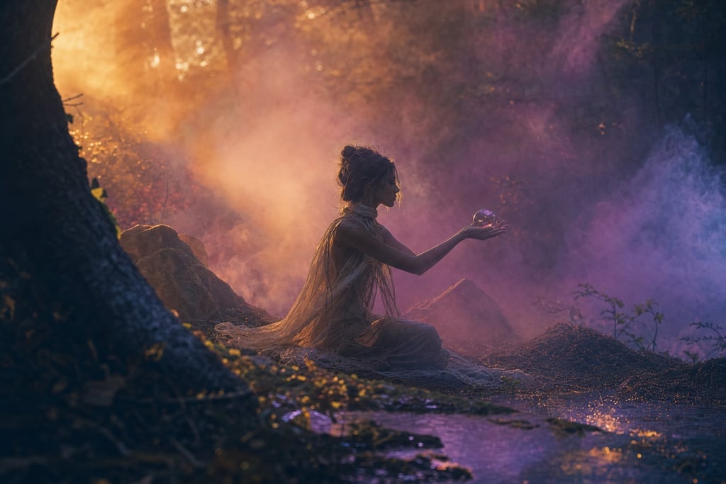Mysterious forest bathed in multicolored fog during early dawn