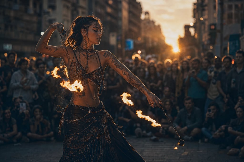 Busy street scene with a fire dancer captivating an audience at dusk