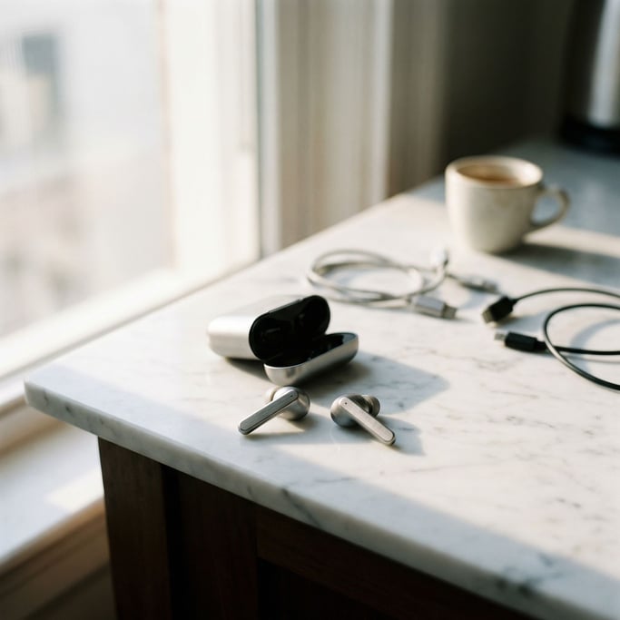 Earbuds spilling from their case onto a marble surface, morning light catching the metallic finish