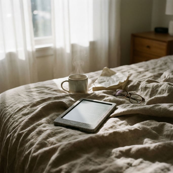 An e-reader on rumpled bed sheets, morning light from a nearby window, lived-in scene