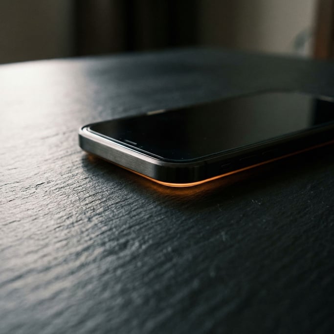 A smartphone face-down on a matte black table, screen glow casting a faint warm reflection upward