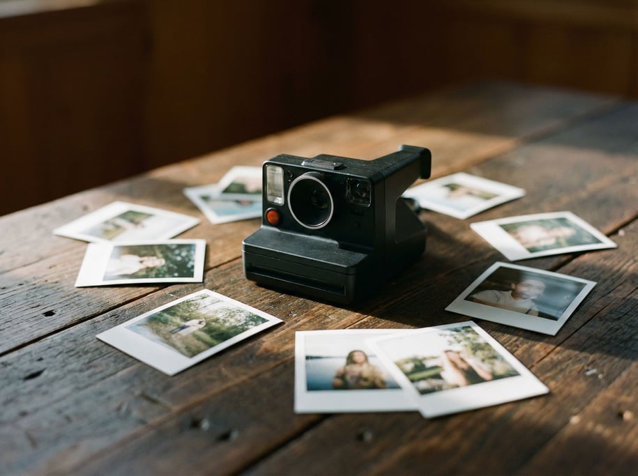 Polaroid photos scattered around an instant camera on a dark wood surface (pjaugicl)