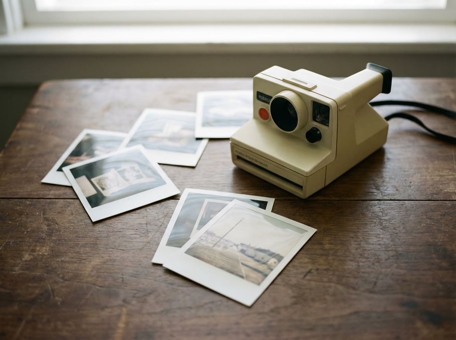 Polaroid photos scattered around an instant camera on a dark wood surface