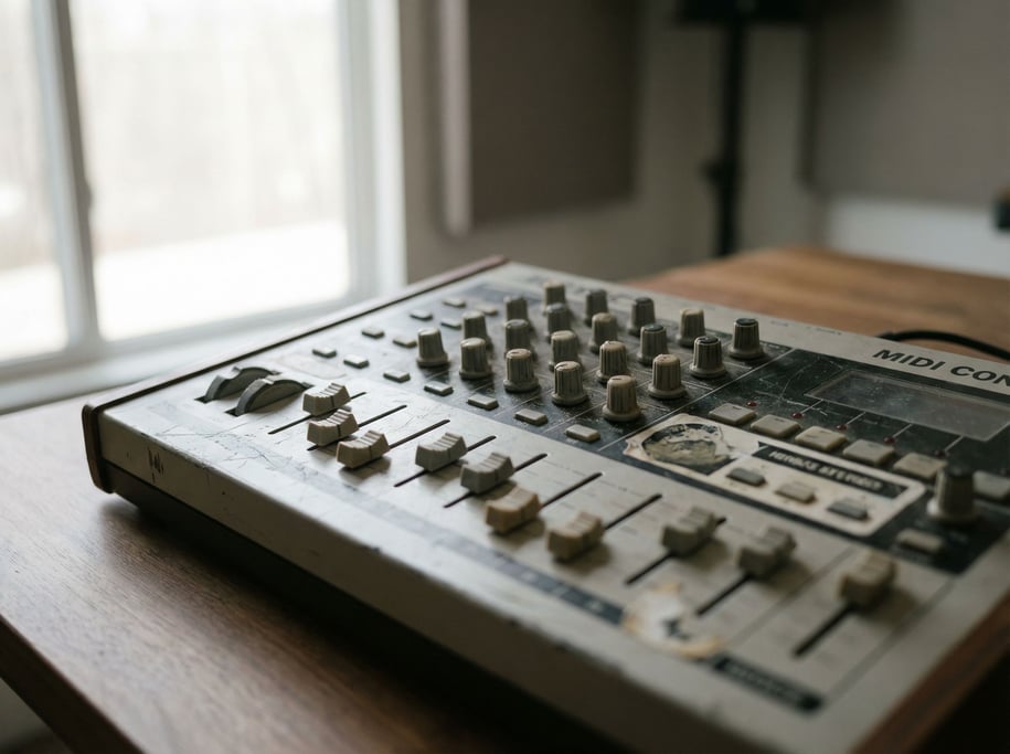 A MIDI controller with knobs and sliders, soft overhead light revealing surface wear