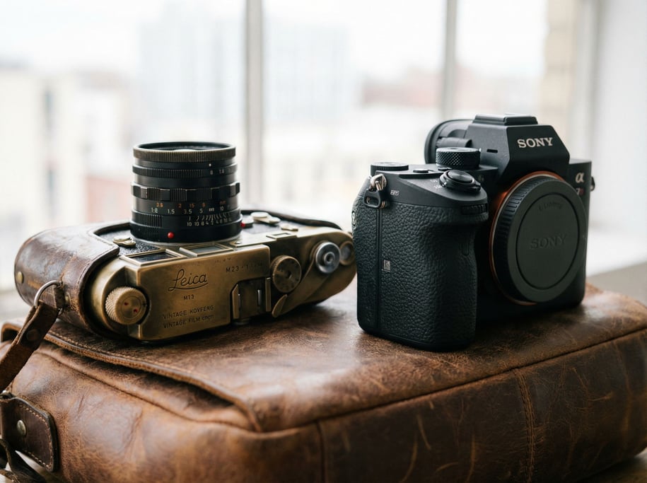 A vintage film camera next to a modern mirrorless body on weathered leather, generational contrast (ccv7n2lq)