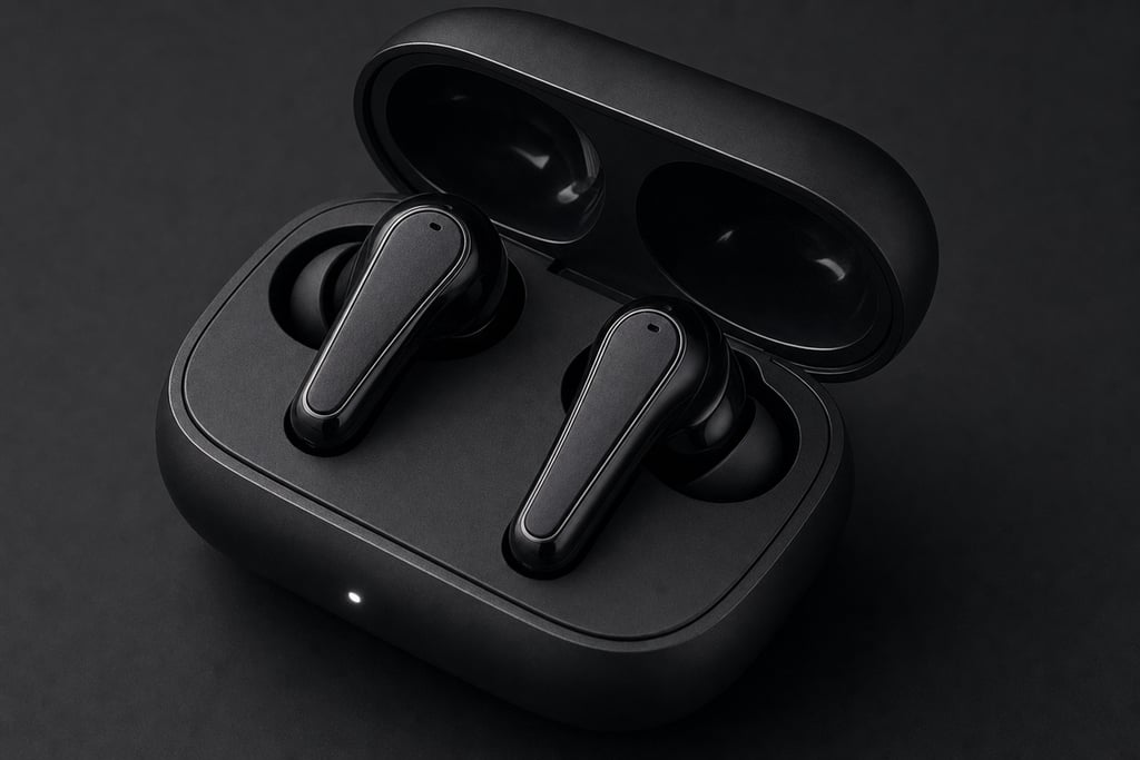 Macro shot of wireless earbuds in their charging case, LED indicator glowing