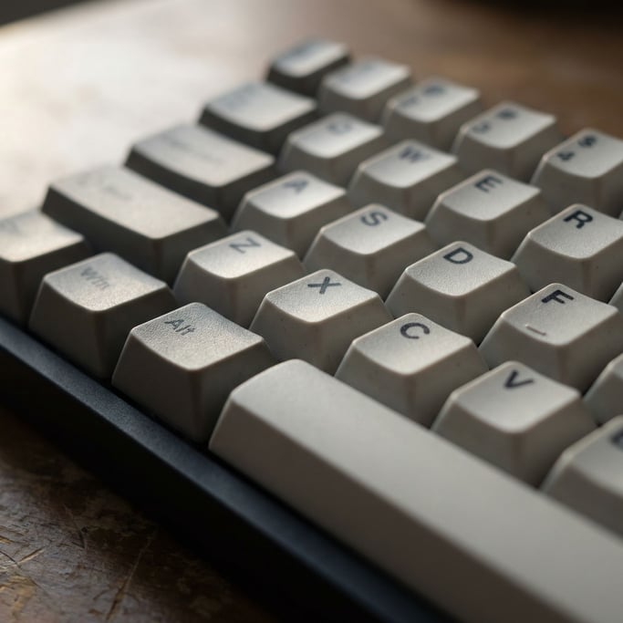 A mechanical keyboard with custom keycaps, macro view showing surface texture and legends