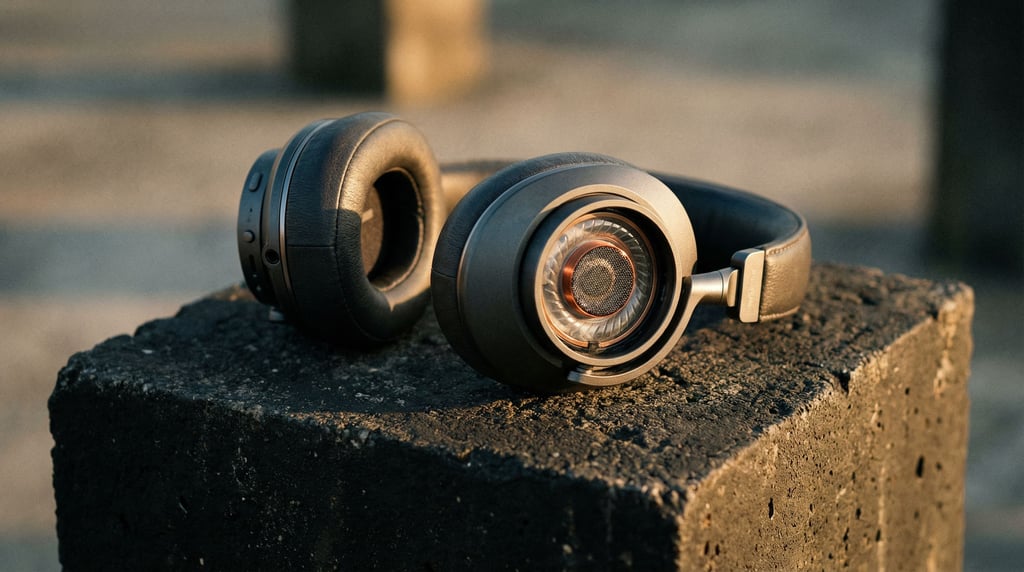 Wireless headphones resting on a dark concrete surface, one ear cup tilted (iwqt66i)