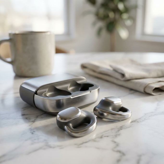 Earbuds spilling from their case onto a marble surface, morning light catching the metallic finish (4e6aqcm1)