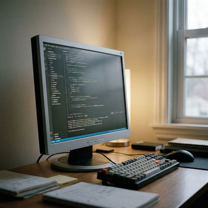 A monitor displaying code, shot from the side at an angle, ambient room light (5owxp6d6)