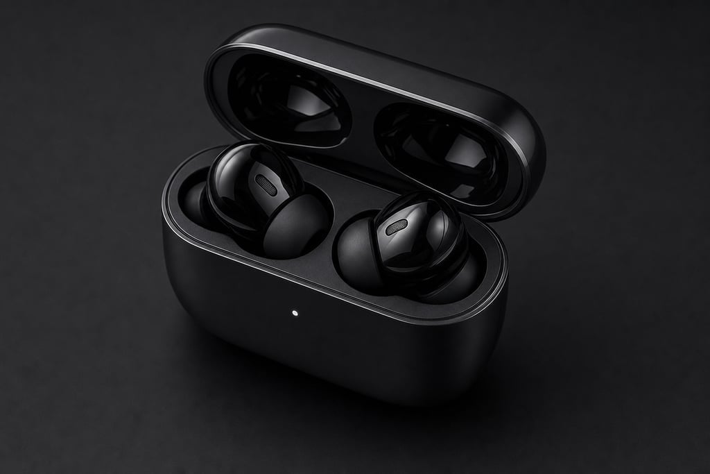 Macro image of wireless earbuds in their open charging case, showing their glossy finish