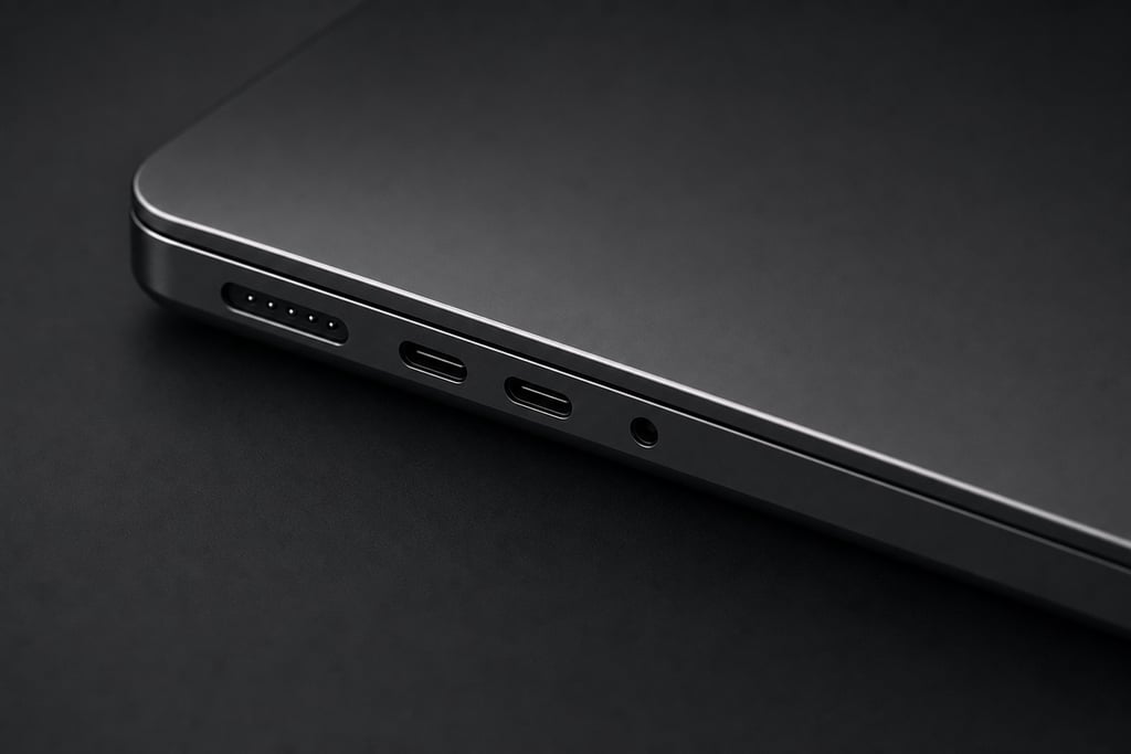 Zoomed-out composition of a modern laptop's edge with visible ports