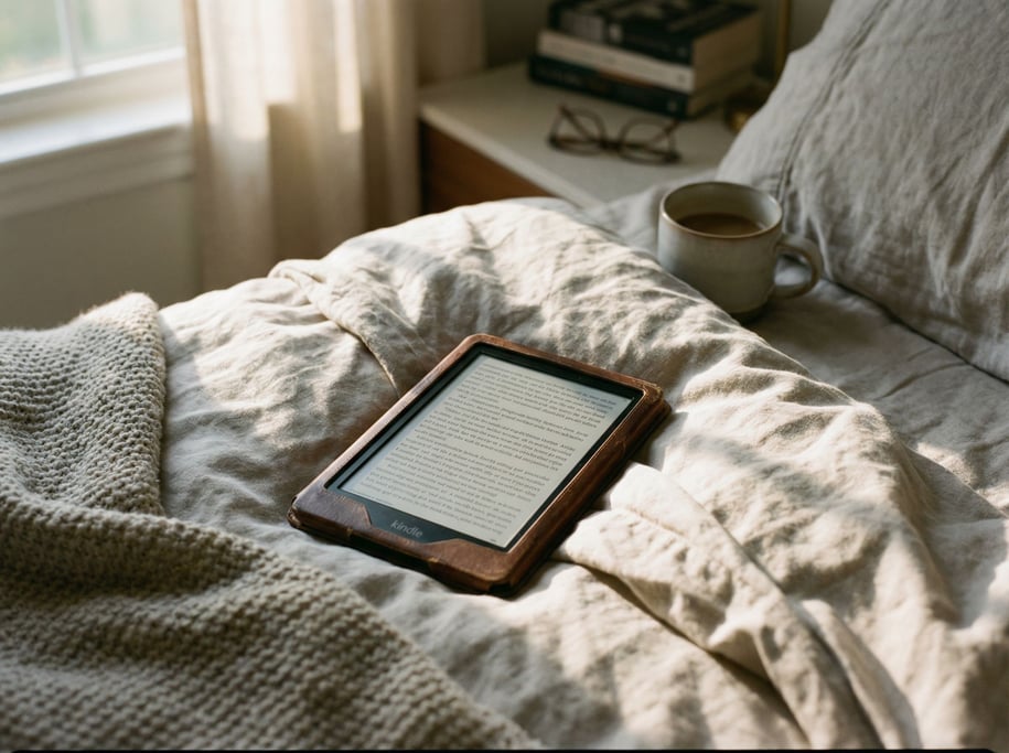 An e-reader on rumpled bed sheets, morning light from a nearby window, lived-in scene (k96ldiwm)