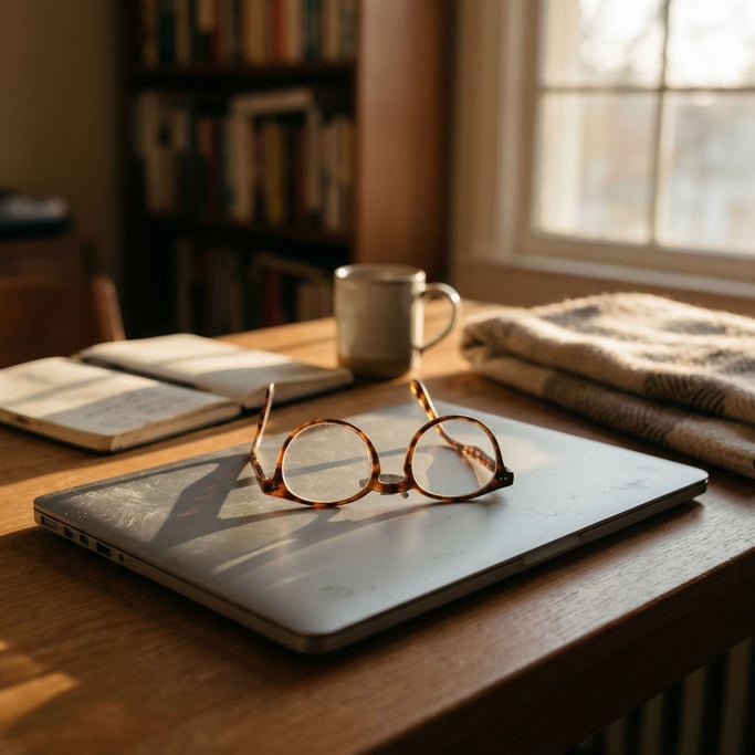 A pair of reading glasses resting on a closed laptop, late afternoon window light