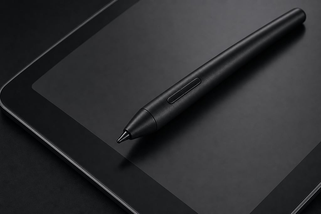 Close-up of an ergonomic stylus resting on a tablet screen