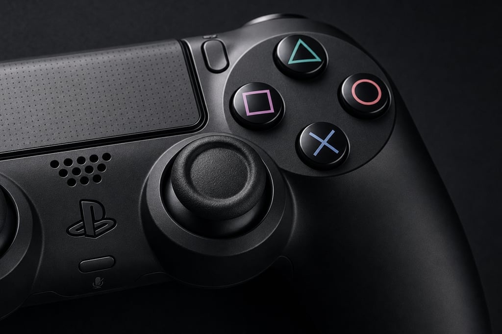 Detailed view of a gaming console controller's joystick and buttons