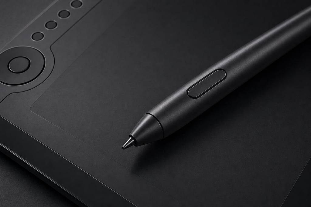 Detailed view of a digital drawing pen resting on a tablet, showing the pen's button