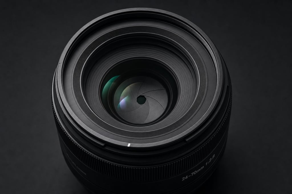 Macro image of a modern digital camera lens with intricate aperture blades