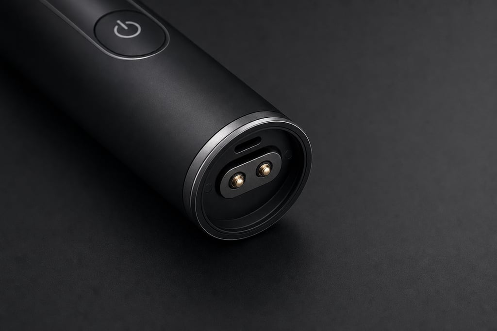 Charging port of a sleek modern electric toothbrush with metallic accents