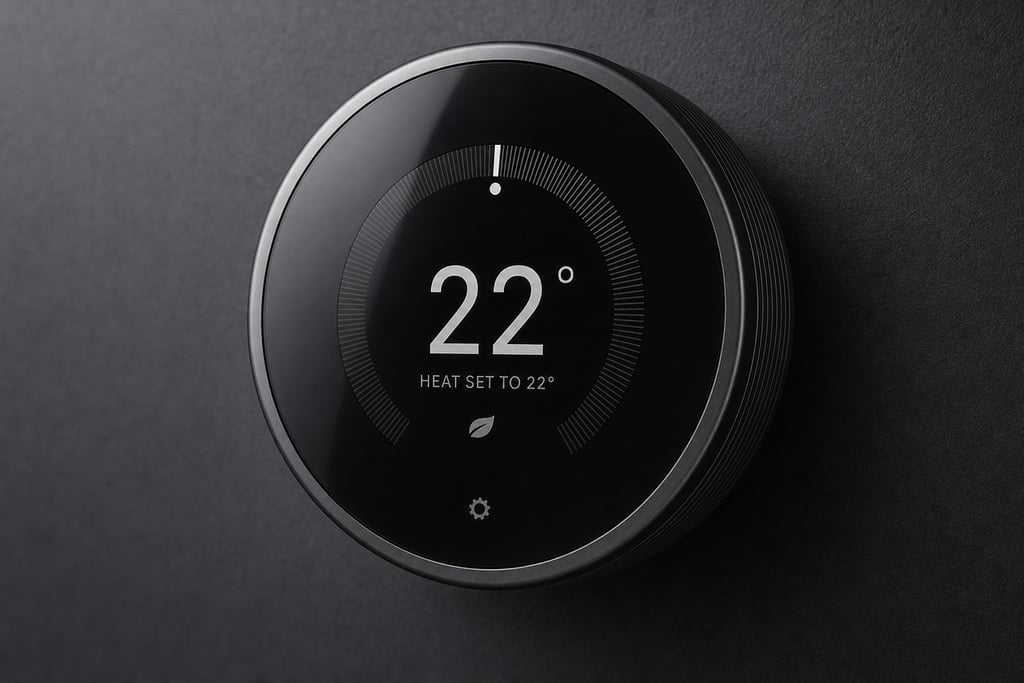 Close-up of a sleek smart thermostat on a textured wall