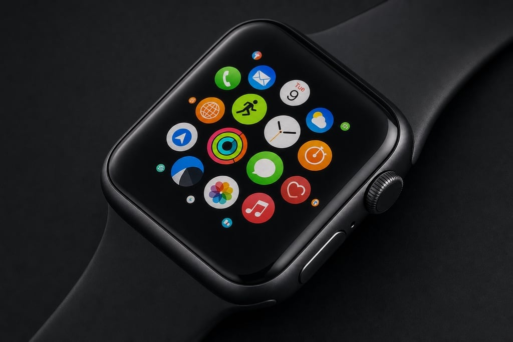 Macro shot of a smartwatch screen displaying vibrant app icons