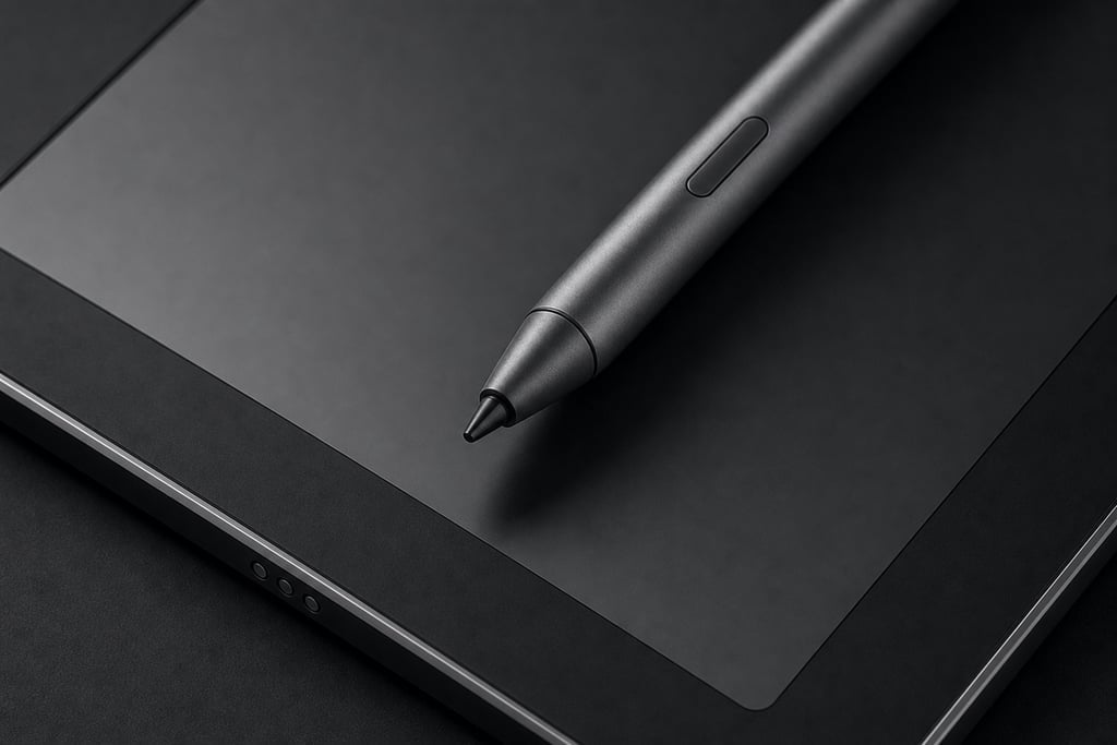 Close-up of a digital tablet's stylus with a sleek metallic finish