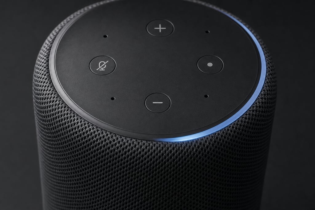 Detailed view of a smart speaker's mesh fabric and control buttons